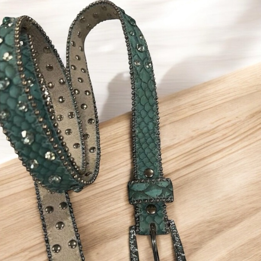 Women's Blue Croc Embossed Belt with Iridescent Stones